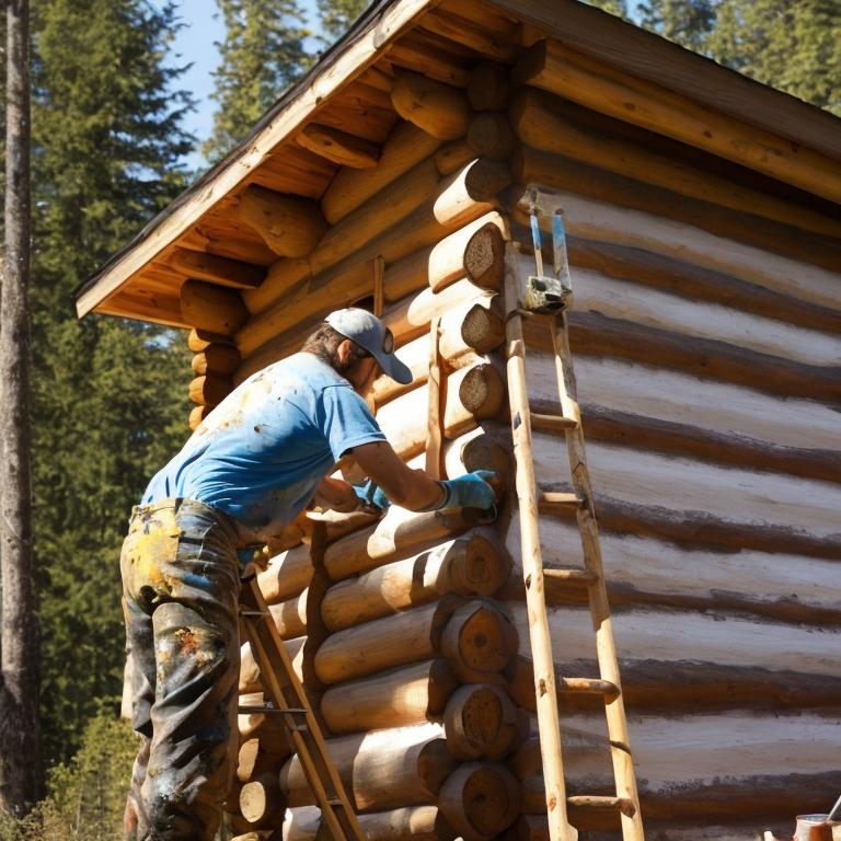 Person Painting Exterior of Wood Log Cabin