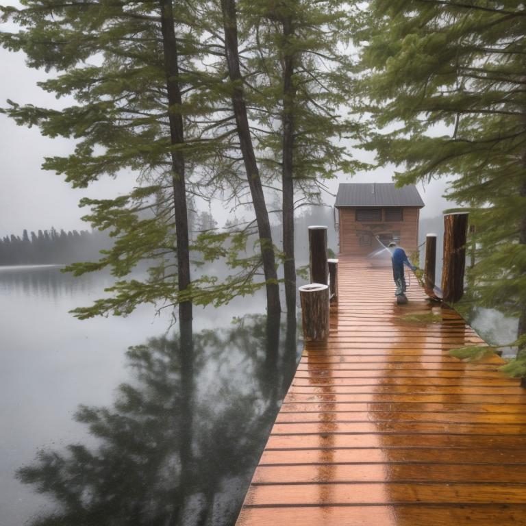 Wet Wooden Dock Undergoing Pressure Washing